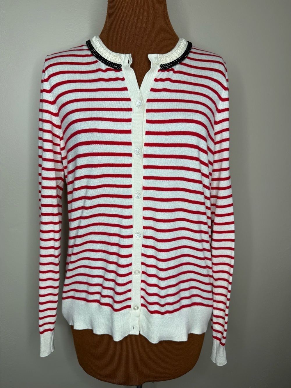 Banana Republic Beaded Collar Red and White Striped Button-Front Sweater Sz Med